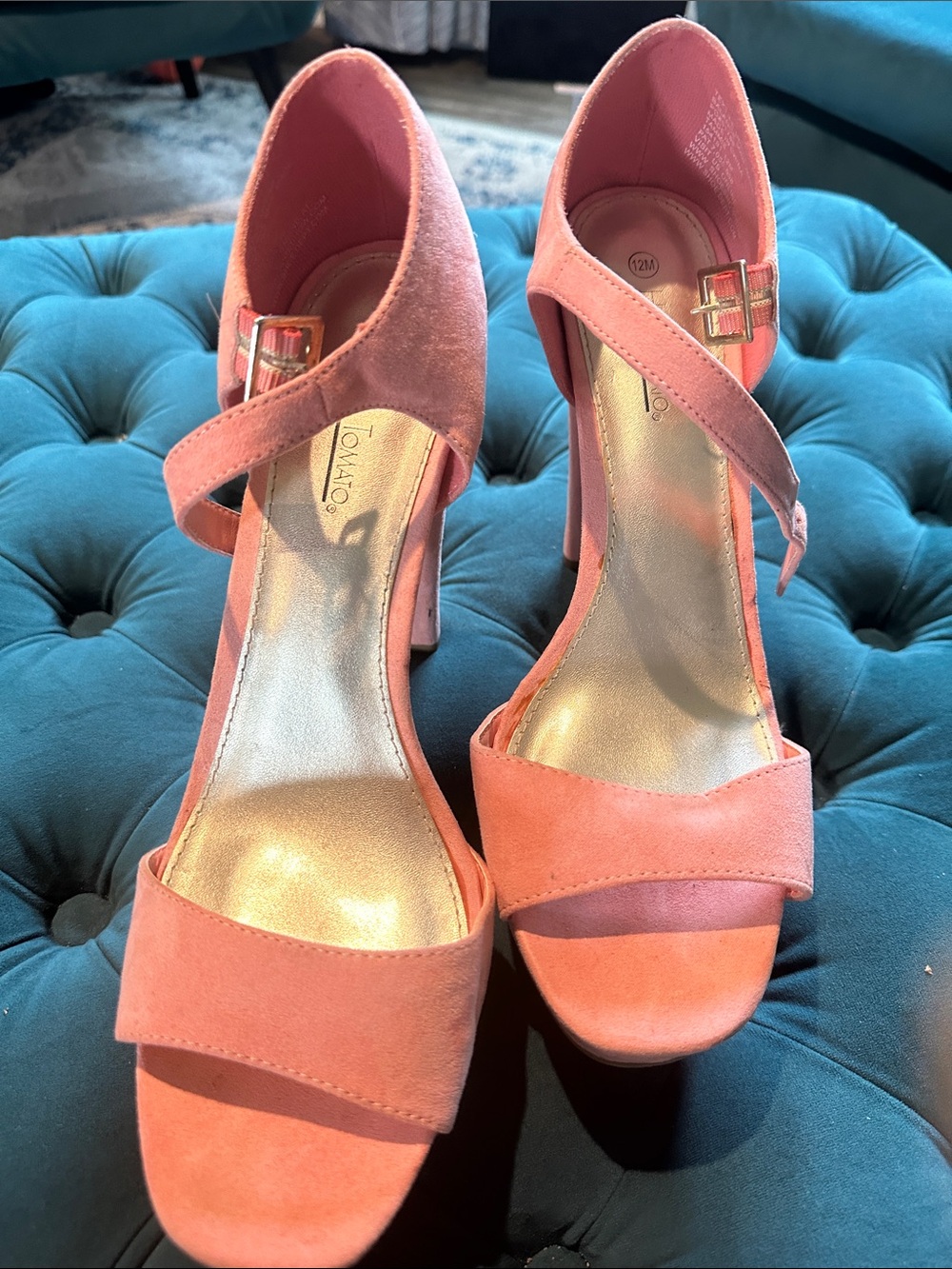 Hot Tomato Coral Pink Suede Block Heel Sandals